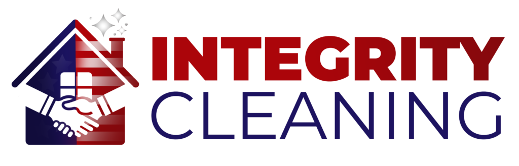 Logo for Integrity Cleaning featuring a stylized house with a handshake, sparkles, and an American flag motif—perfect for an Airbnb cleaning or professional cleaning company. Bold red and blue text reads "Integrity Cleaning.